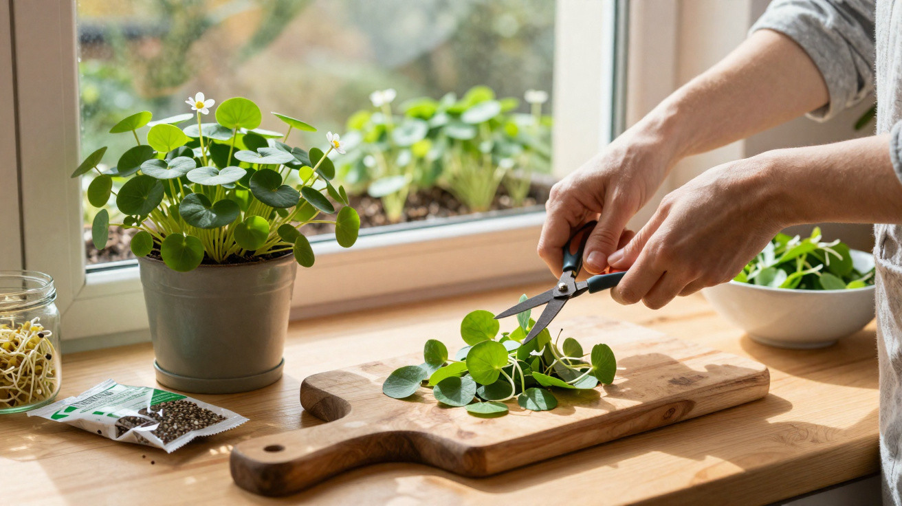 Hands using scissors to harvest fresh green leaves from a plant on a wooden chopping board by a window.
