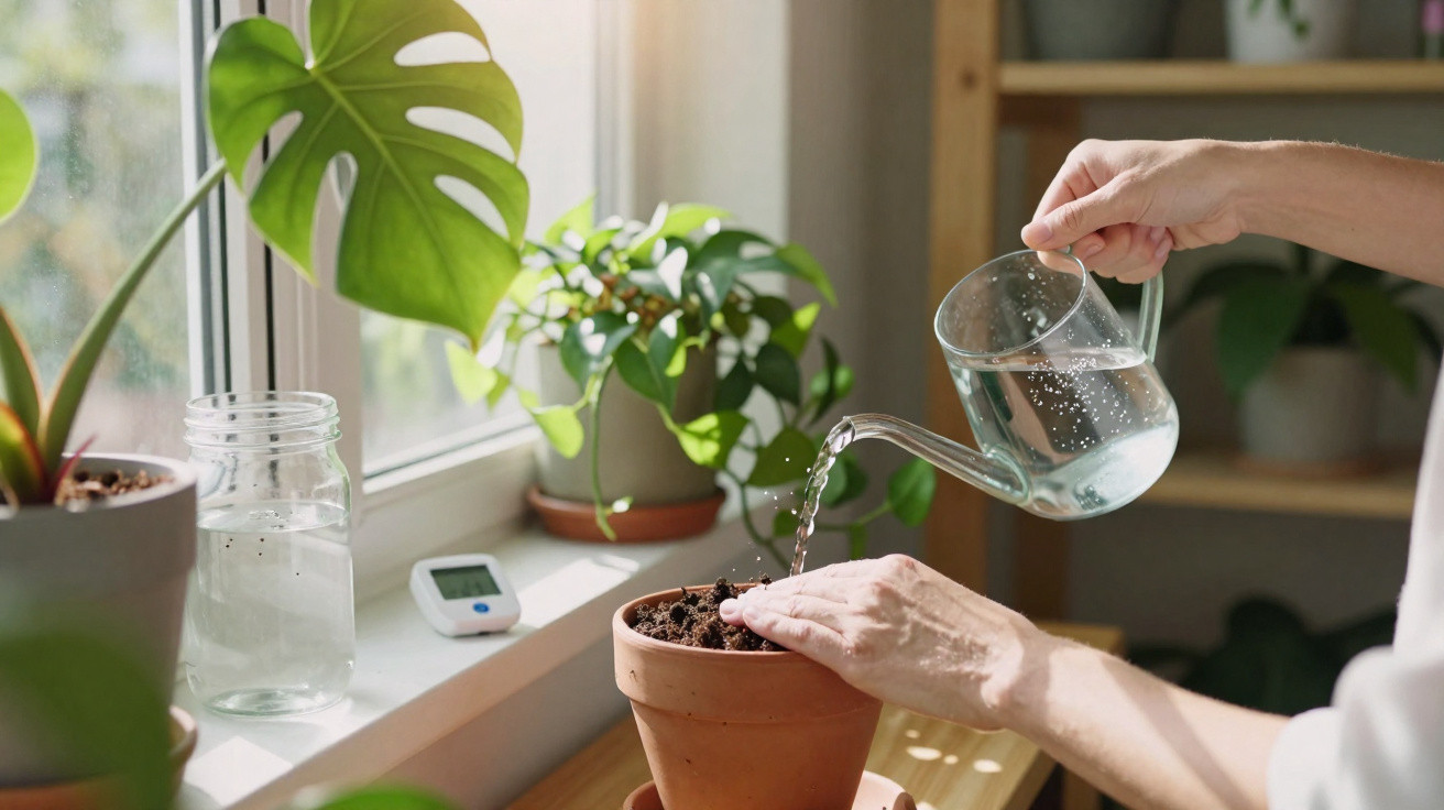 Person watering soil in a terracotta pot near a window with other green houseplants around.