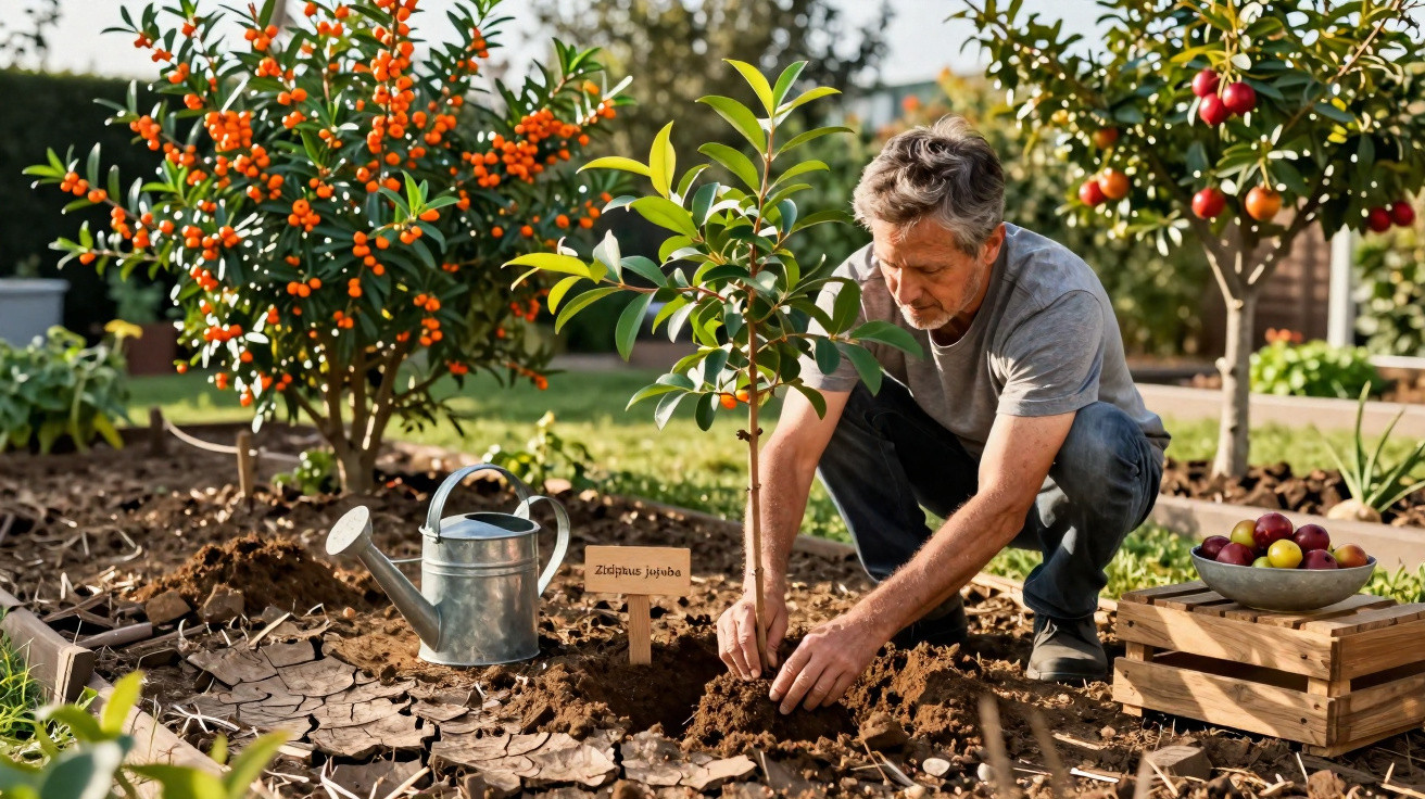 Man planting a young ziziphus jujuba tree in a garden with a watering can and fruit crates nearby.