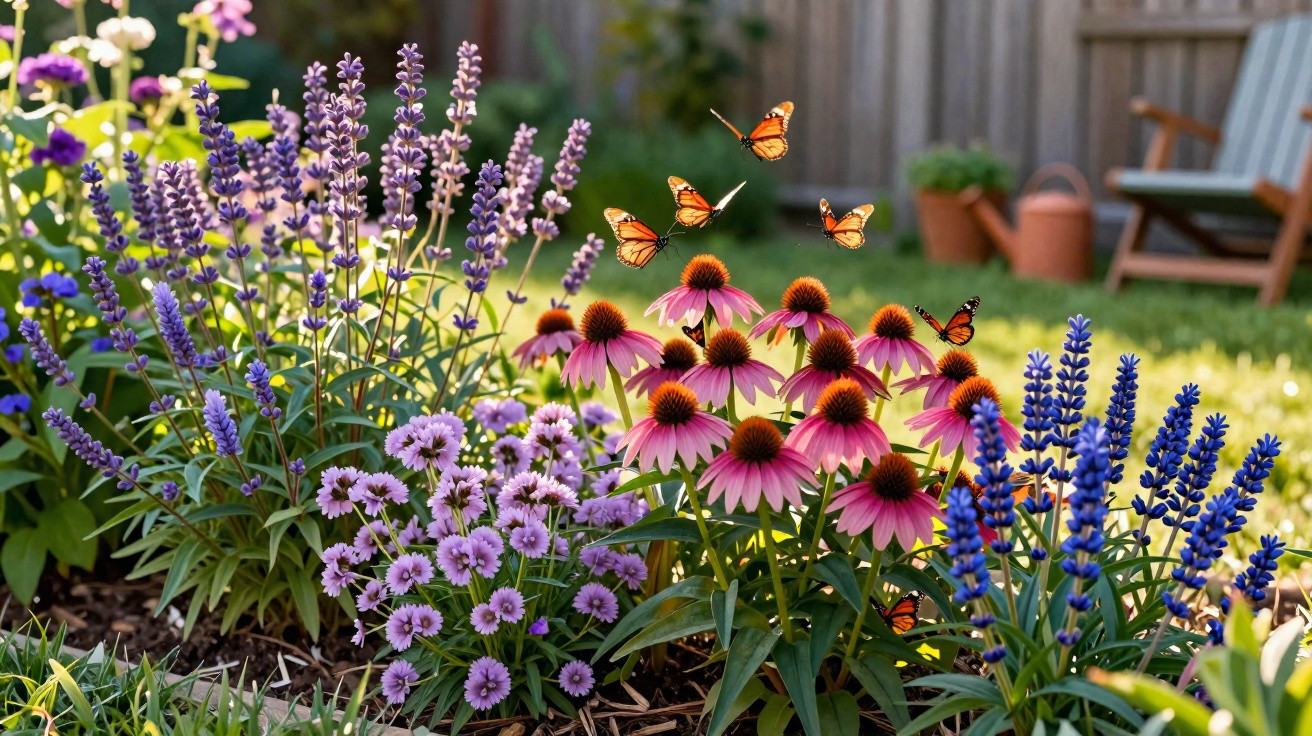 A vibrant garden bed with purple and pink flowers and several orange butterflies fluttering in sunlight.