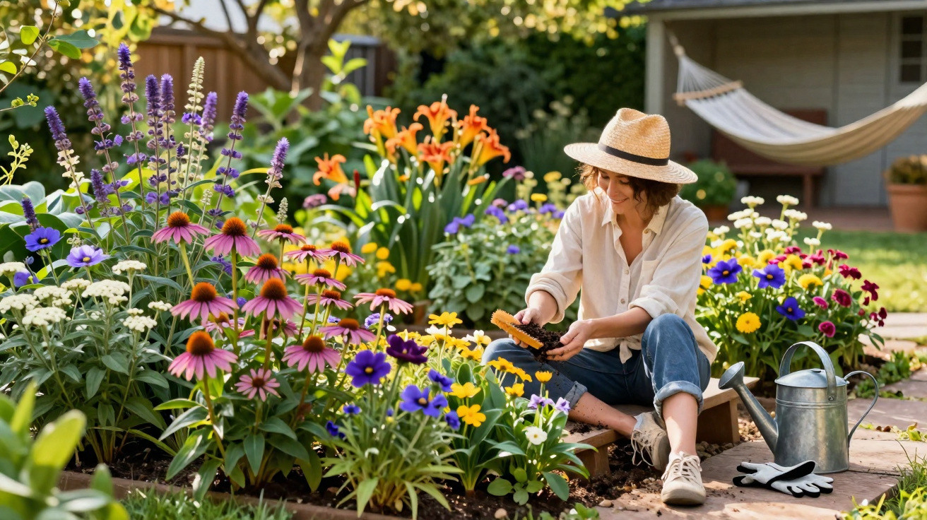 Woman wearing a hat sitting in a colourful flower garden, holding gardening gloves with watering can nearby.