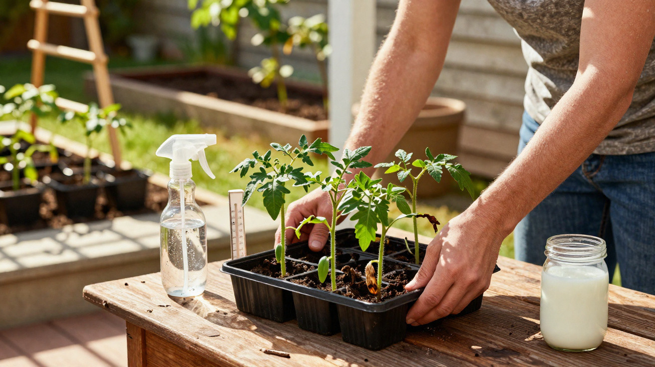Person tending to young tomato plants in seedling trays on a wooden table outdoors in sunlight.
