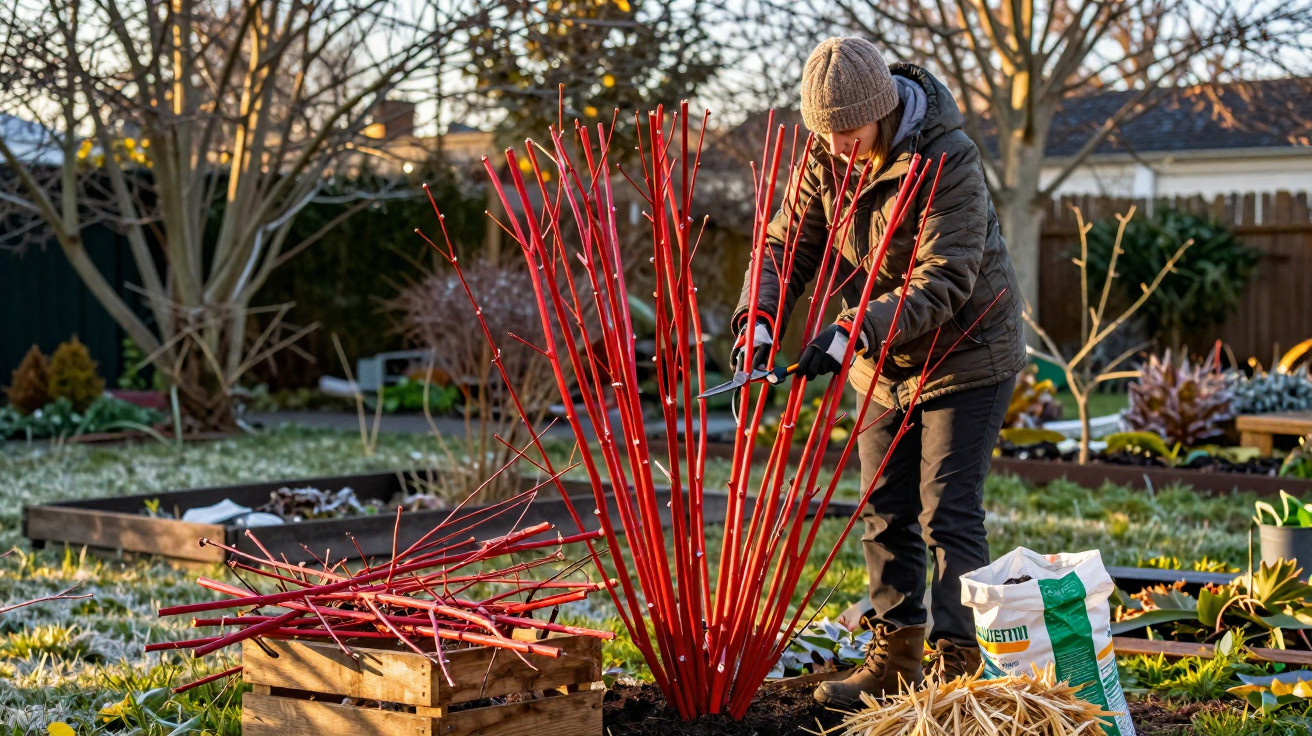 Person pruning bright red dogwood stems in a winter garden with frost on the ground and plants nearby.
