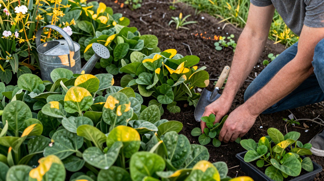 Person planting a small green plant in a garden bed surrounded by yellow-tipped green plants and a watering can.