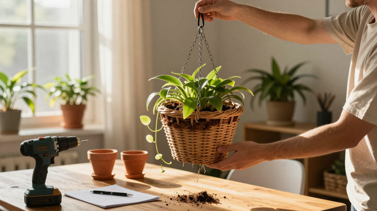 Person holding a hanging wicker basket with a green plant over a wooden table with gardening tools.