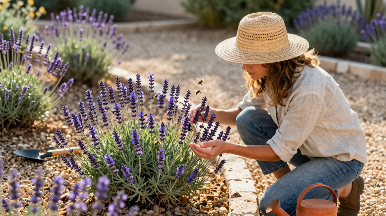 Woman in a straw hat tending to blooming lavender plants with bees flying nearby in a garden.