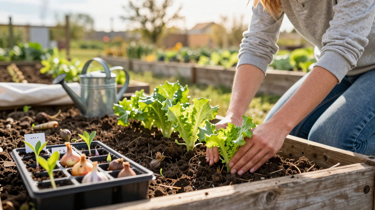 Person planting lettuce in a raised garden bed with seedlings and a watering can nearby in sunlight.