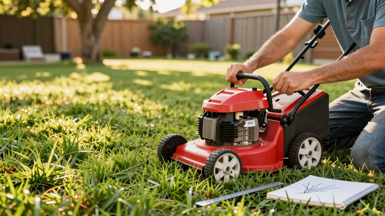 Person adjusting a red lawn mower on green grass in a sunny backyard with notebook and ruler nearby.