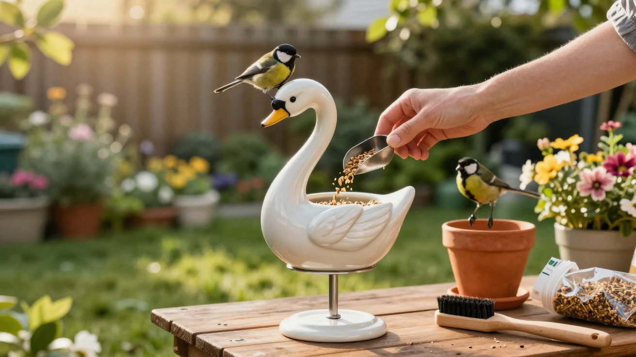 Hand feeding birds on a white ceramic swan bird feeder in a garden with flowers and plants.