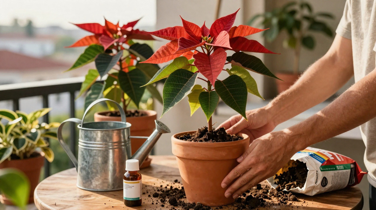Person repotting a poinsettia plant on a wooden table with gardening tools and soil.
