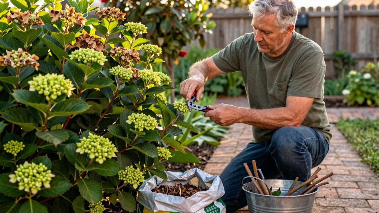 Man kneeling on a garden path pruning green hydrangea buds with secateurs beside a bucket and bag of garden debris.