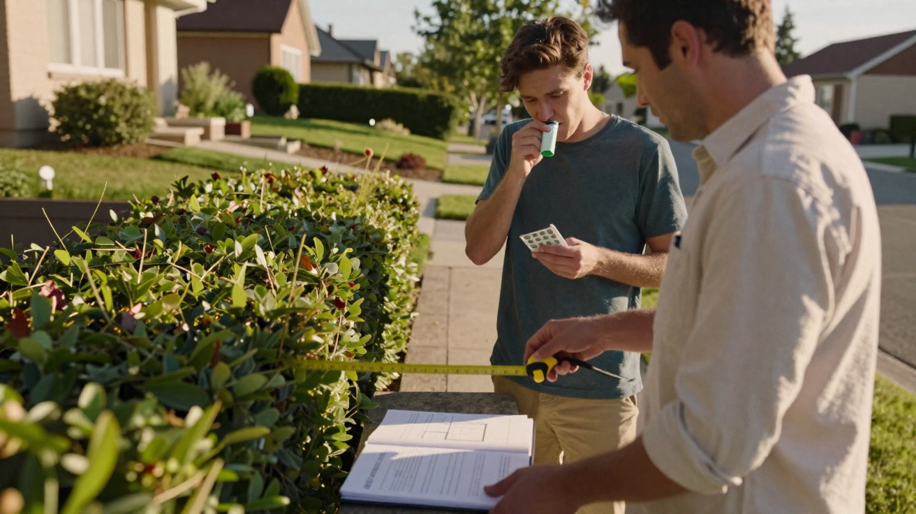 Two men outdoors measuring a hedge with a tape measure while one uses an asthma inhaler.