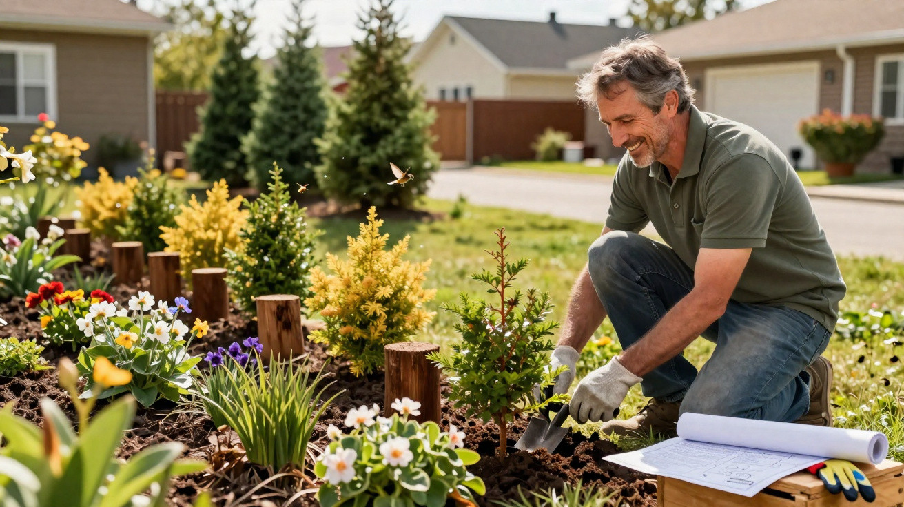 Man kneeling and planting flowers in a garden bed with gardening tools and plans nearby on a sunny day.