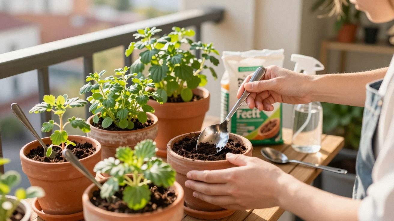 Person planting seeds in soil in terracotta pots on a balcony with gardening supplies nearby.
