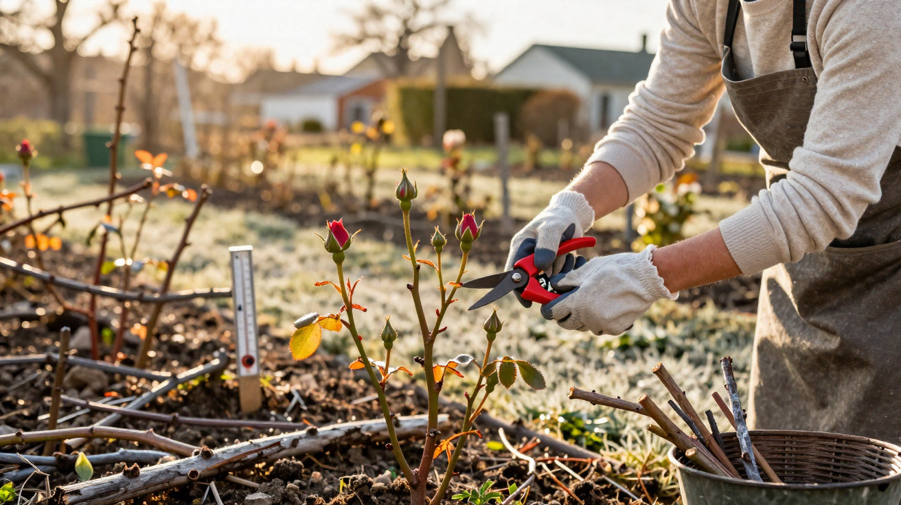 Person wearing gloves and an apron pruning rose bushes in a garden during sunrise or sunset.