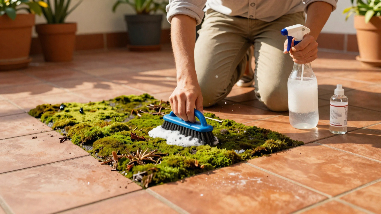 Person scrubbing moss off floor tiles with brush and spray bottle in a sunlit indoor space.