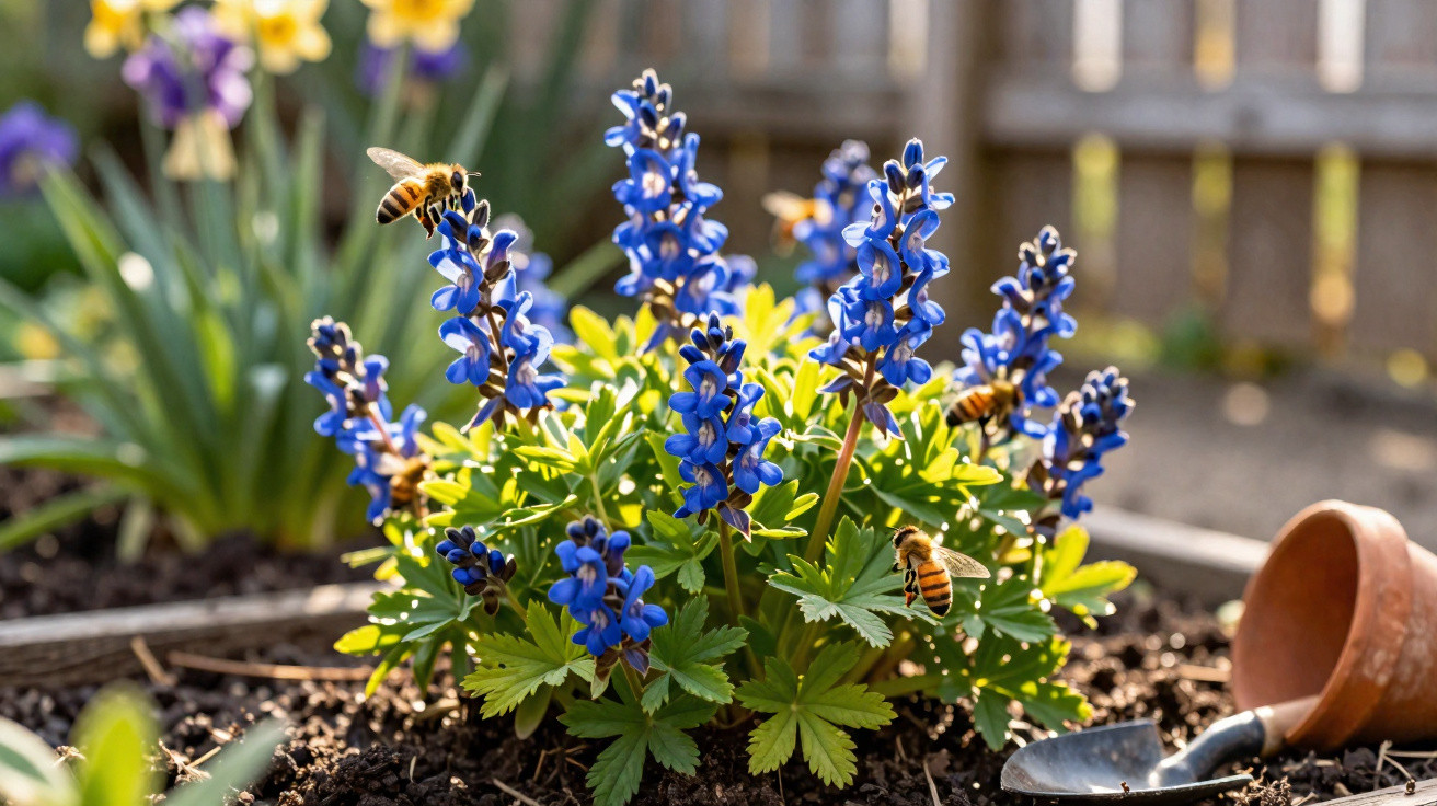Bluebonnet flowers with bees collecting nectar in a garden bed beside a broken terracotta pot and trowel.