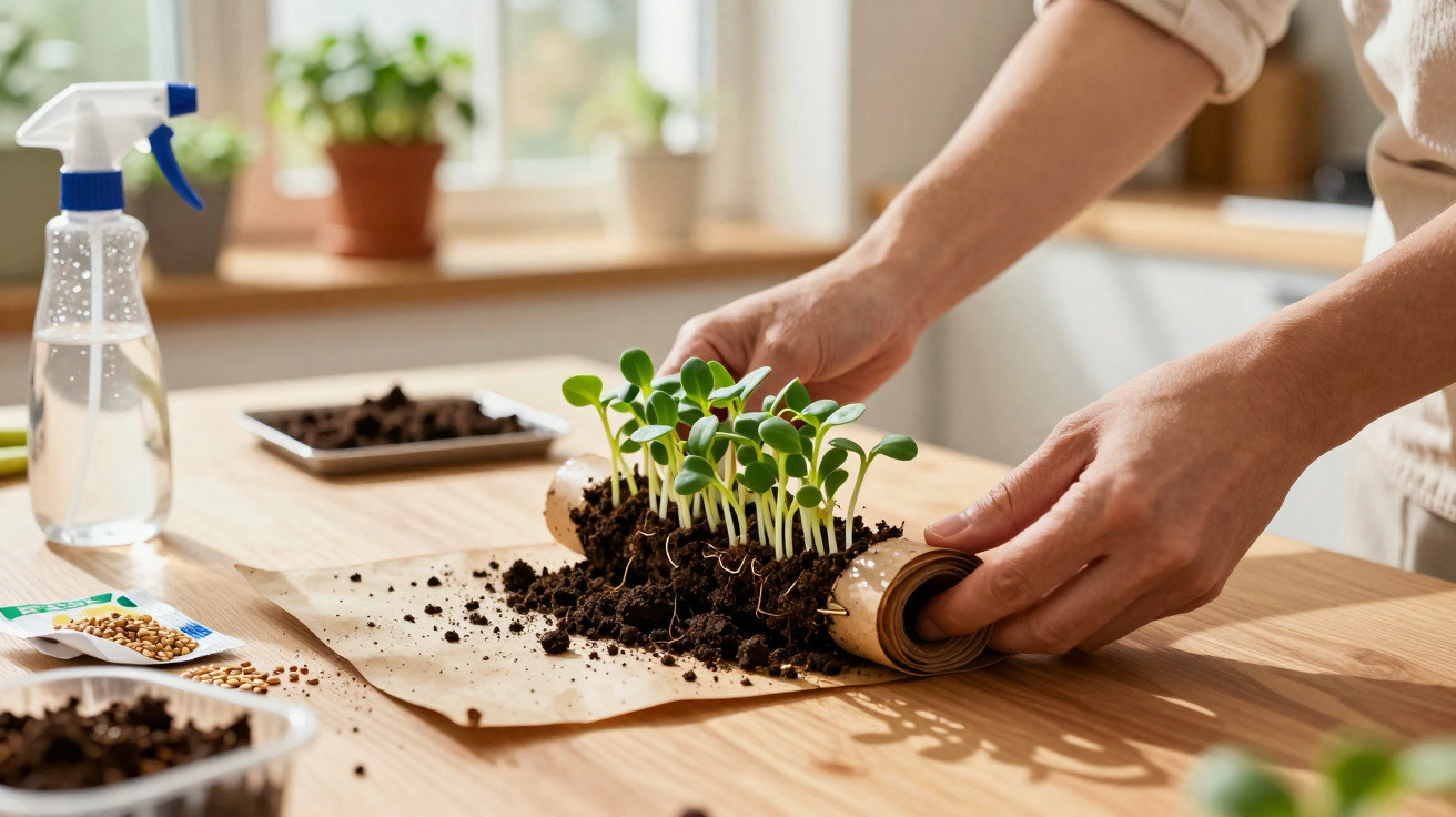 Hands planting young seedlings with soil on a wooden table near a spray bottle and seed packets.