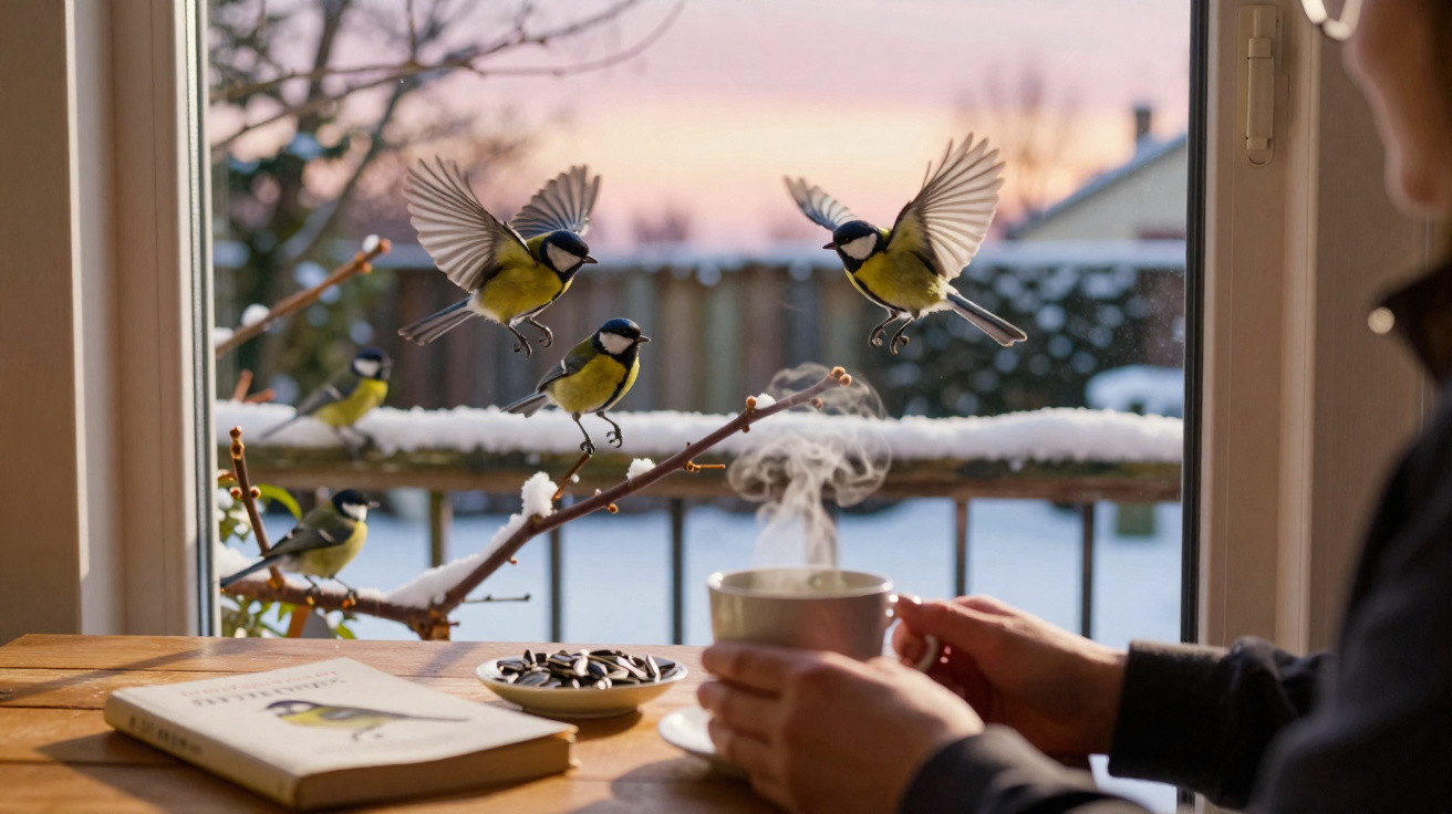 Person holding steaming cup by window with four birds on a snowy branch at sunset and a bird guidebook nearby