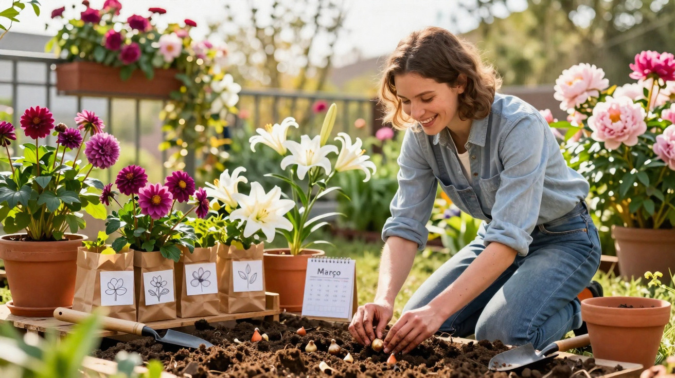 Woman planting flower bulbs in garden bed surrounded by potted flowers under sunlight.