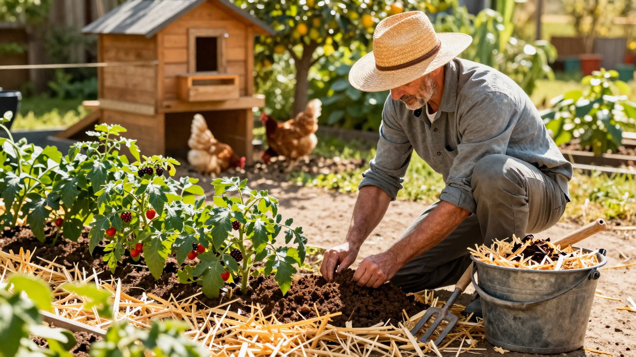 Man wearing a straw hat tending to soil in a vegetable garden with tomato plants and chickens nearby.