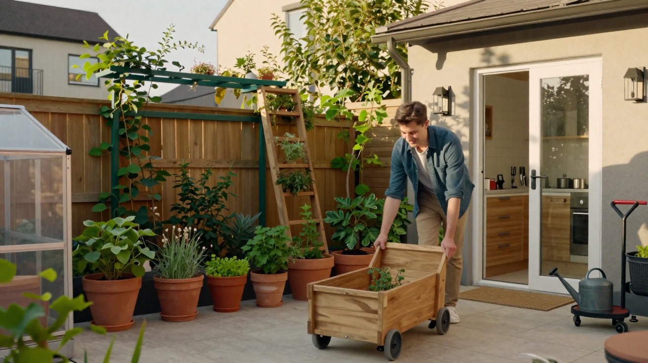 Young man gardening outdoors with a wooden planter box in a patio full of potted plants and small trees.