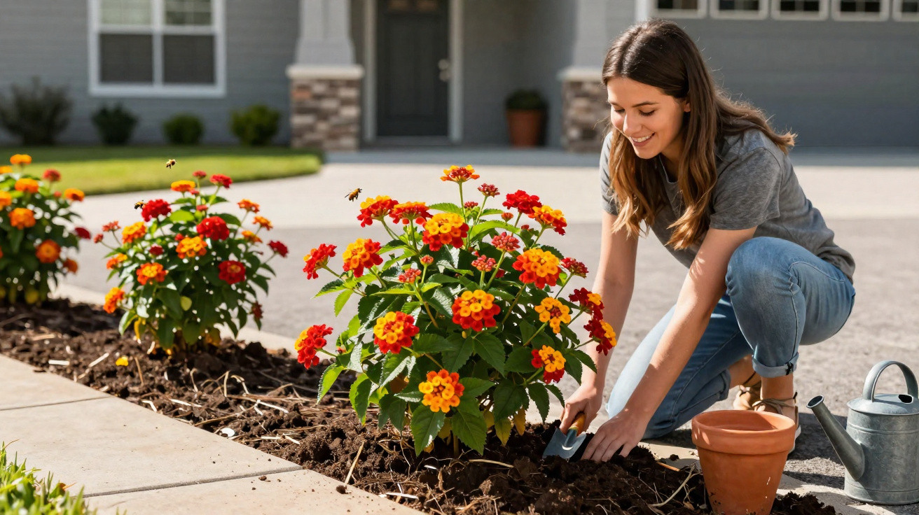 Woman planting colourful flowers in a garden bed outside a house on a sunny day.
