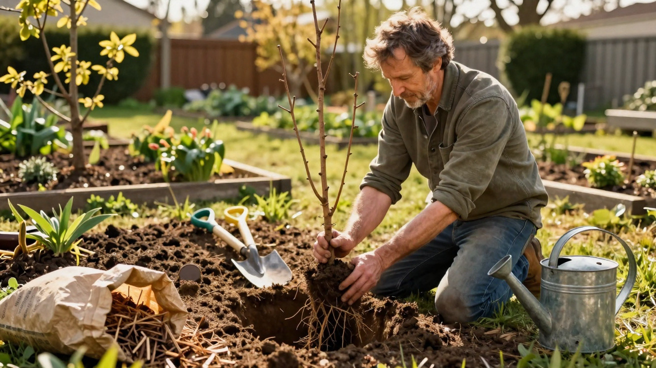 Man planting a young tree in a garden bed with gardening tools and watering can nearby on a sunny day.