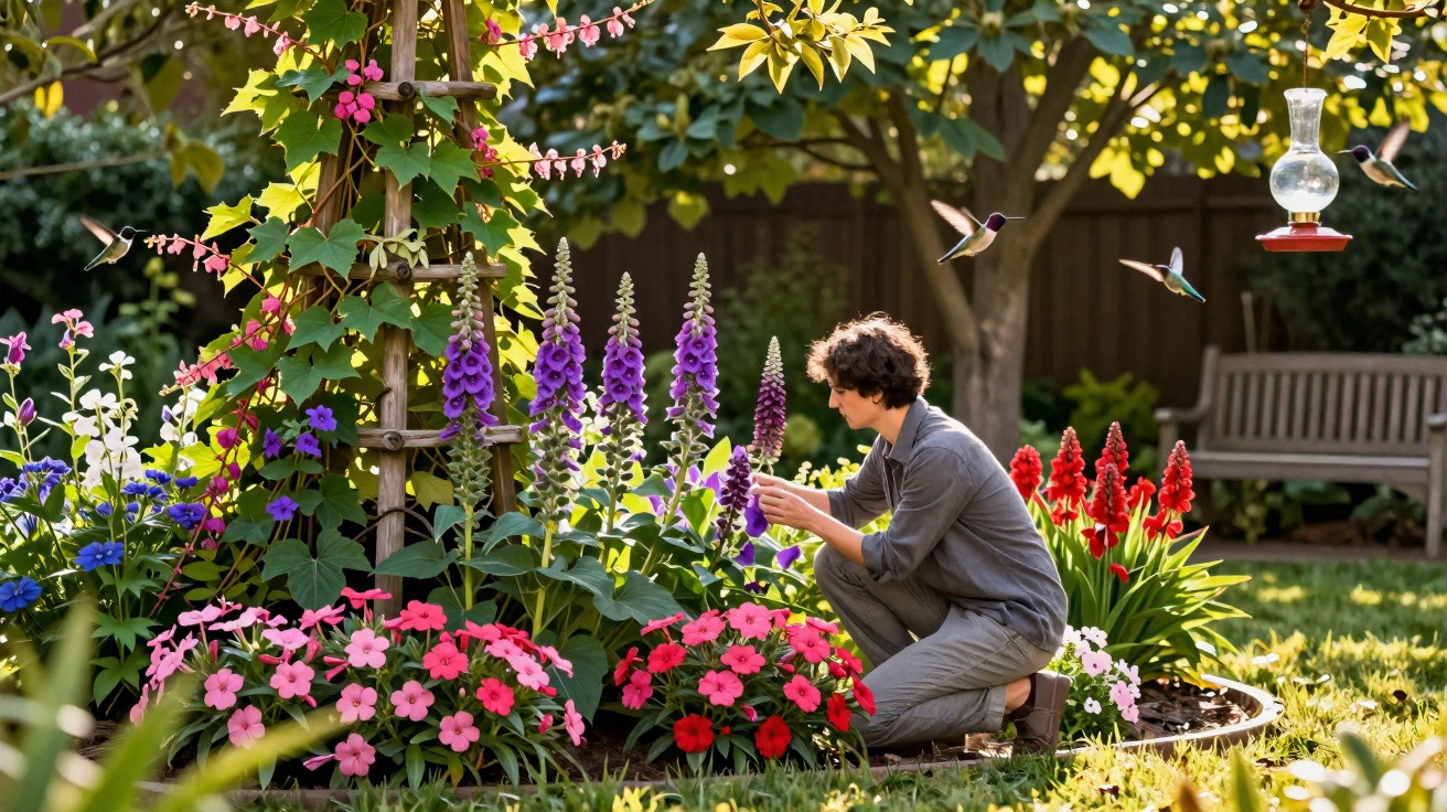 Person tending to vibrant garden flowers with hummingbirds flying near feeders in a sunlit backyard.