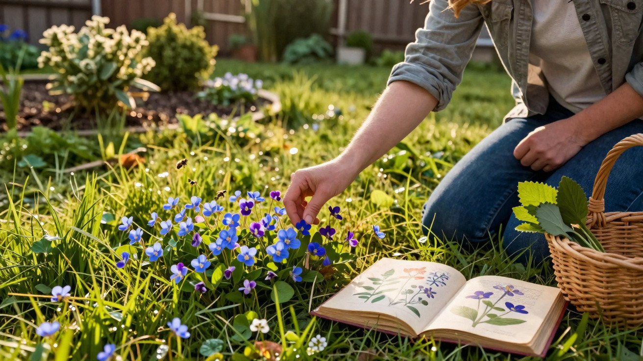 Person examining purple wildflowers in a garden with a botanical book and wicker basket nearby on grass.