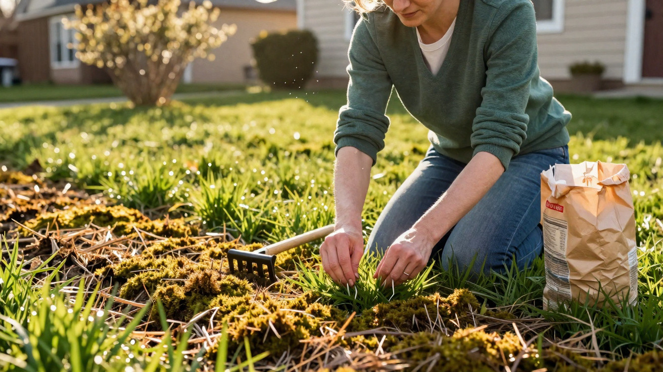 Person kneeling in garden planting bulbs with small gardening rake and bag of bulbs nearby on sunny day
