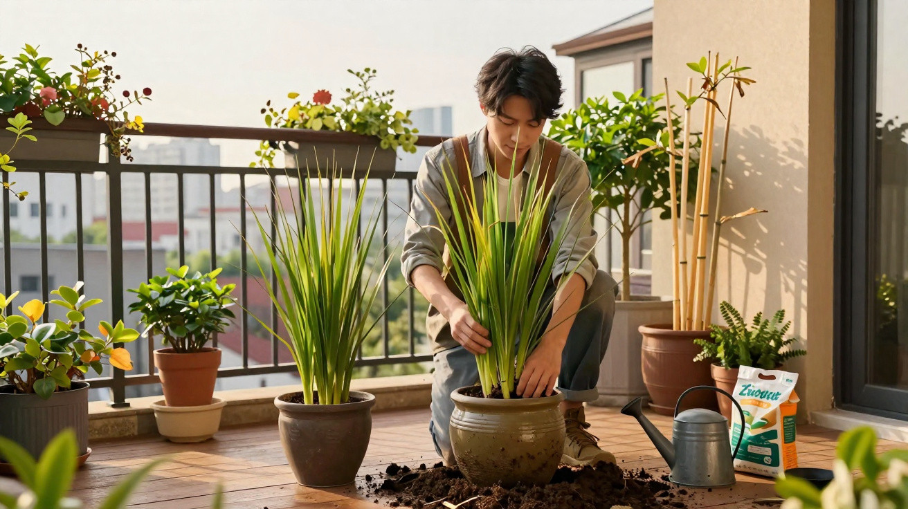 Young man gardening on a balcony, repotting tall green plants amid pots and gardening tools in daylight.