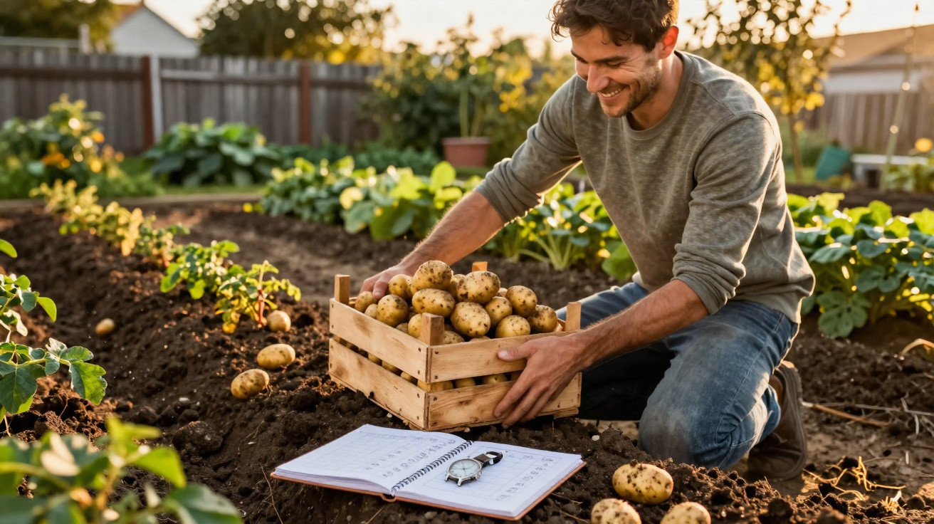 Man harvesting potatoes in a wooden crate in a garden with a notebook and watch on the soil nearby.