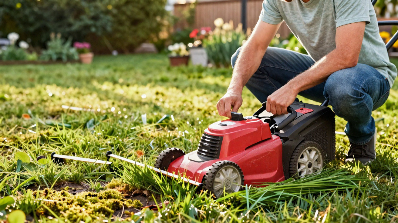 Person adjusting a red lawn mower on overgrown grass in a garden on a sunny day.
