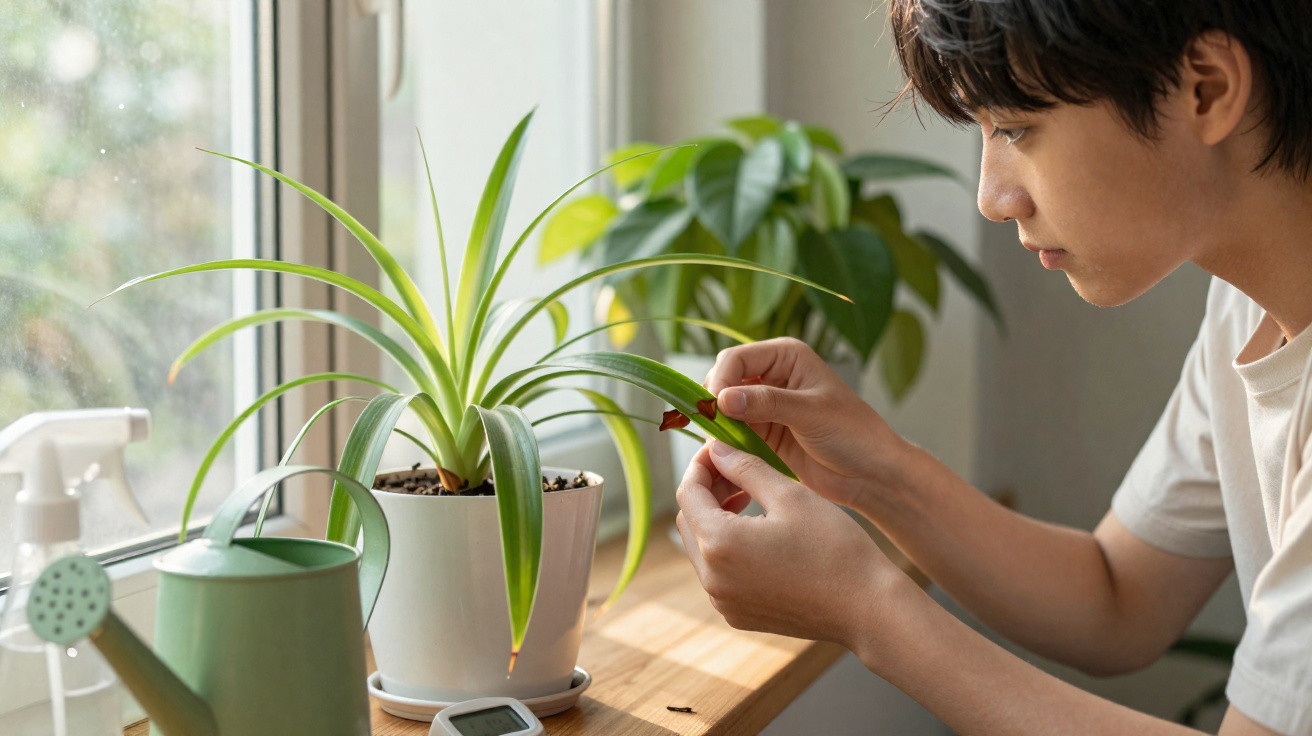 Young person inspecting and cleaning a leaf of a spider plant by a sunny window indoors.