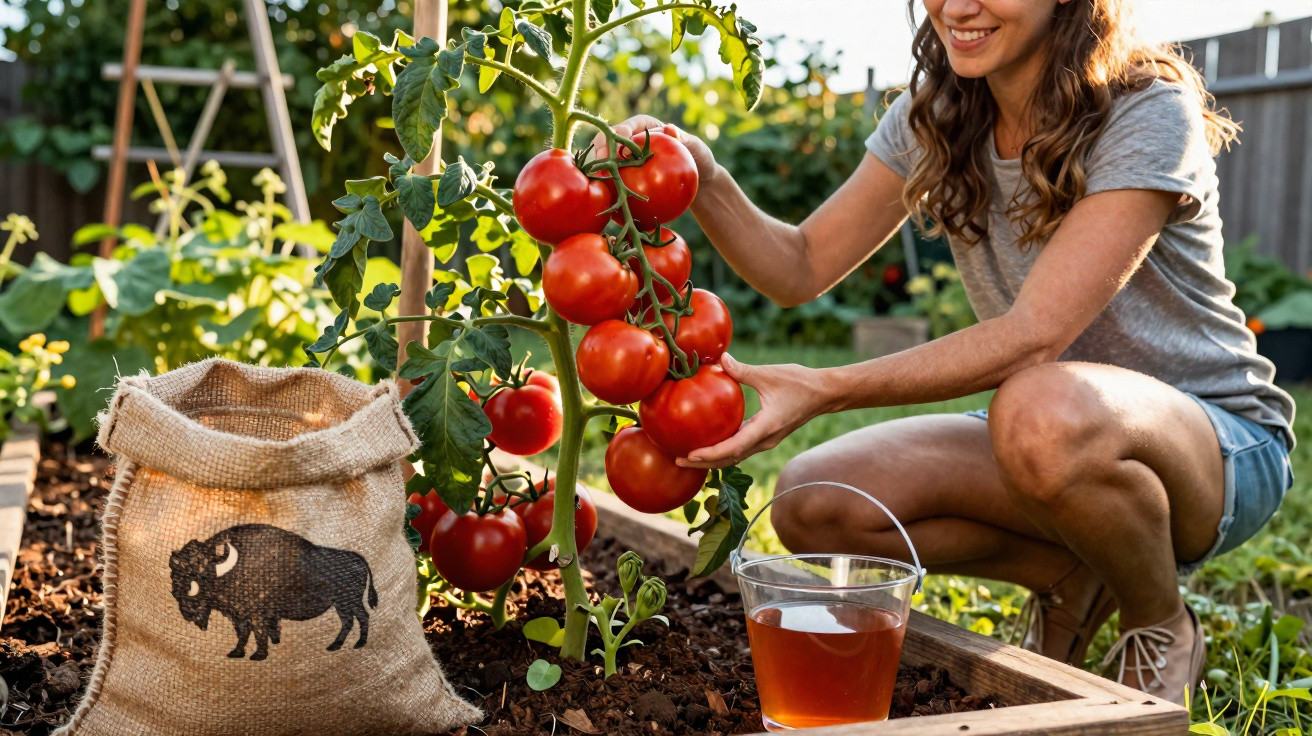 Woman harvesting ripe tomatoes in a garden, with a burlap sack and a glass of tea nearby.