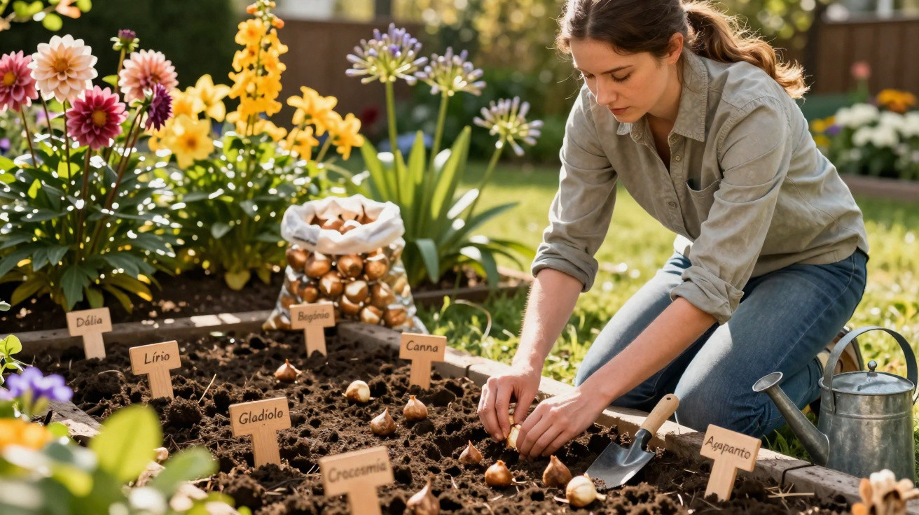 Woman planting flower bulbs in a labelled garden bed on a sunny day with watering can nearby
