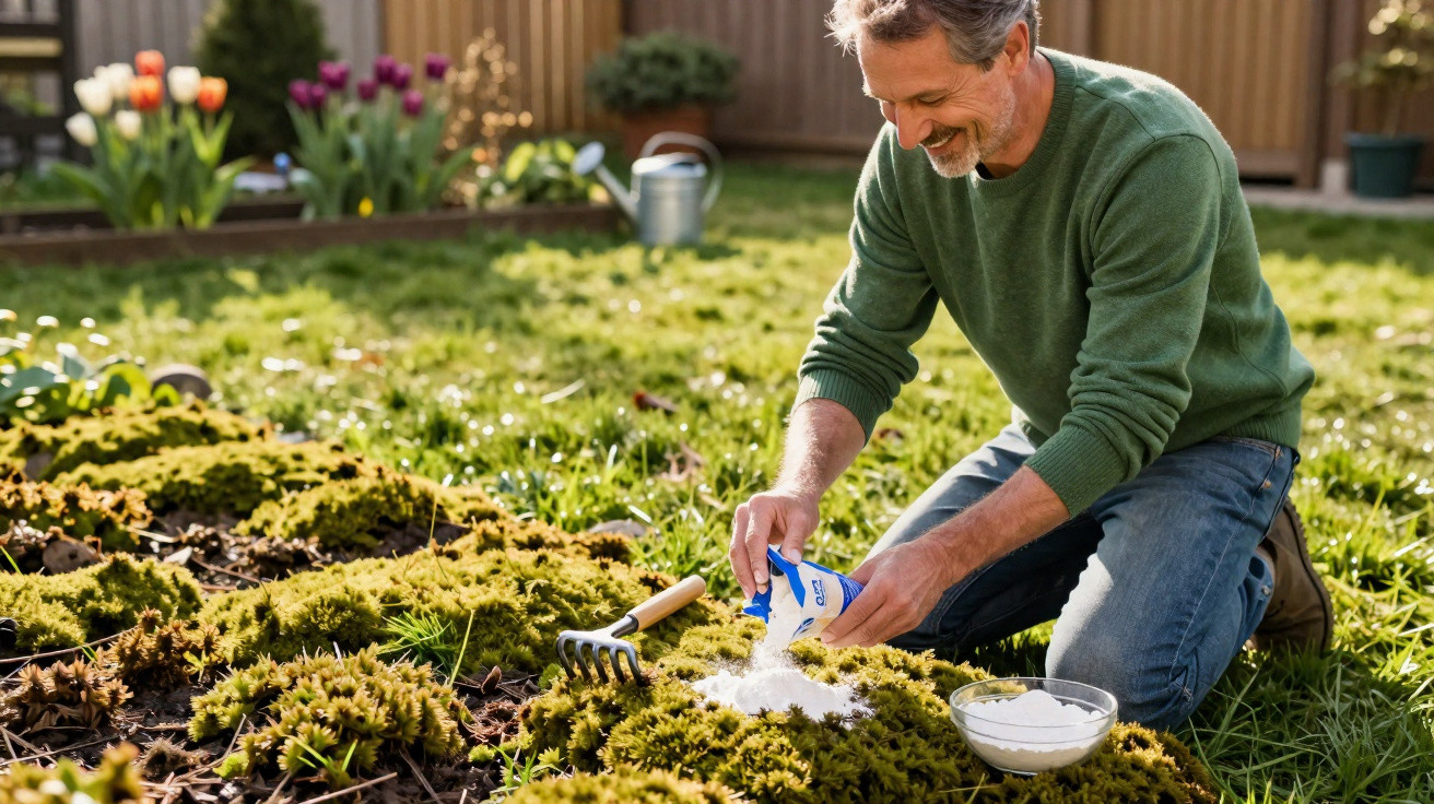 Man sprinkling garden lime on mossy lawn in sunny backyard garden.
