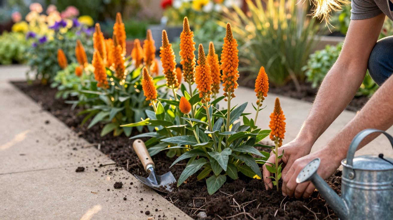 Person planting bright orange flowers in a garden bed beside a concrete path with a watering can nearby.