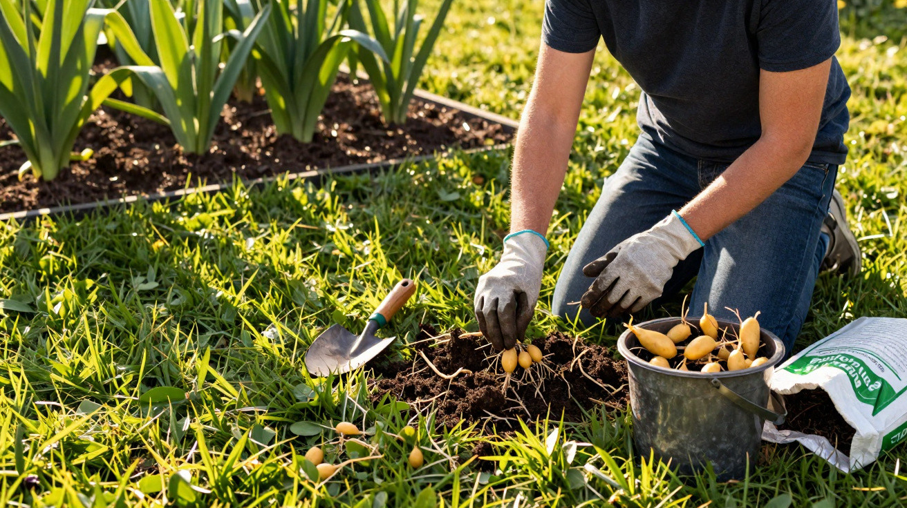 Person kneeling on grass planting small potatoes in soil next to a bucket and gardening tools.