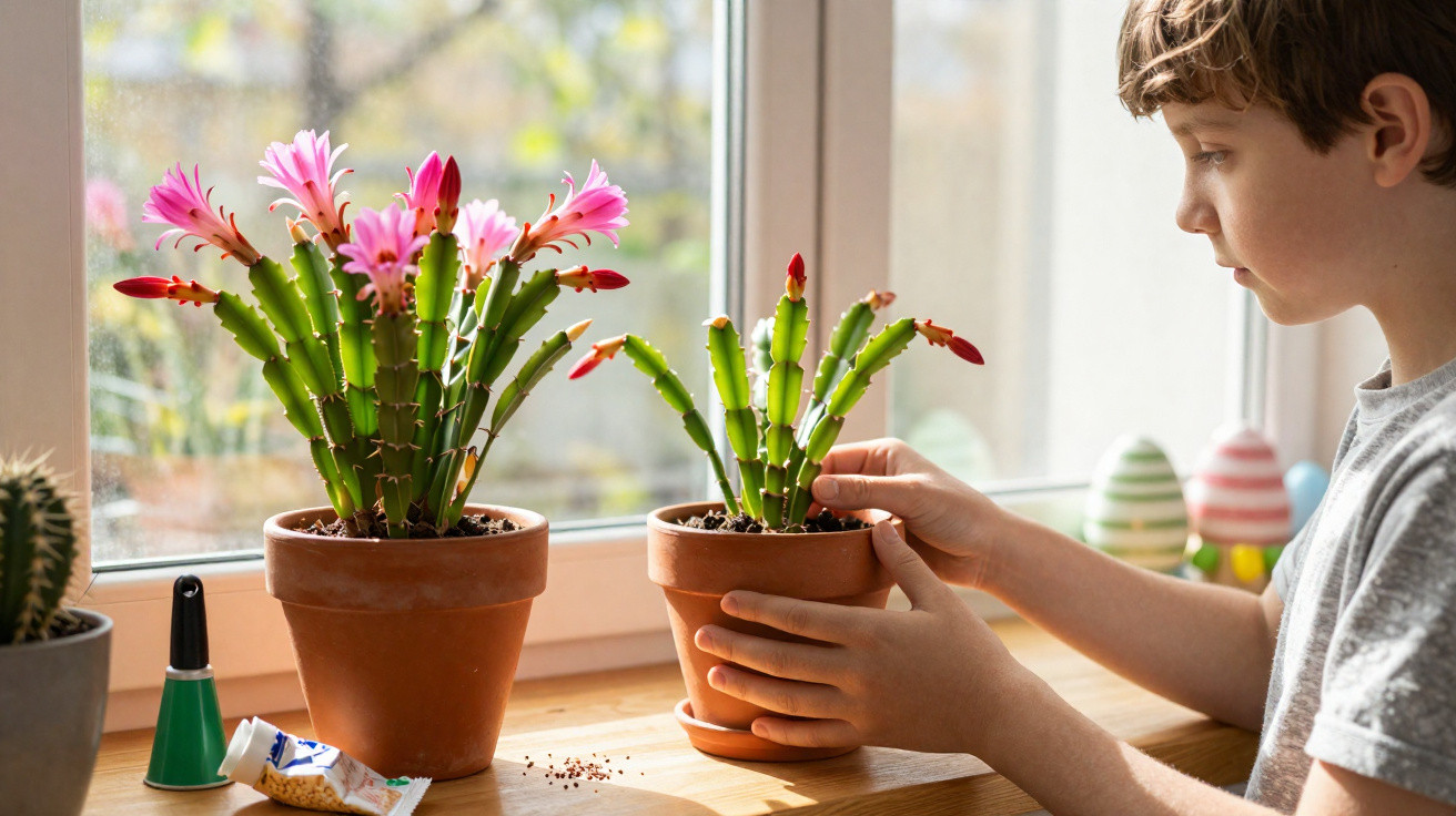 Young boy tending to two potted Christmas cacti with pink and red blooms on a sunny windowsill.