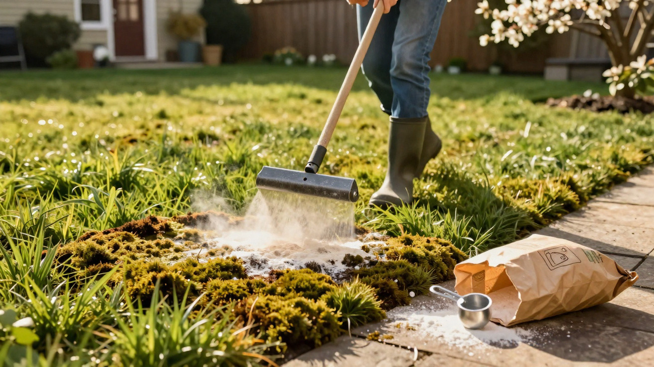 Person spreading gardening lime on mossy soil in a sunny garden with a bag of gardening lime nearby.