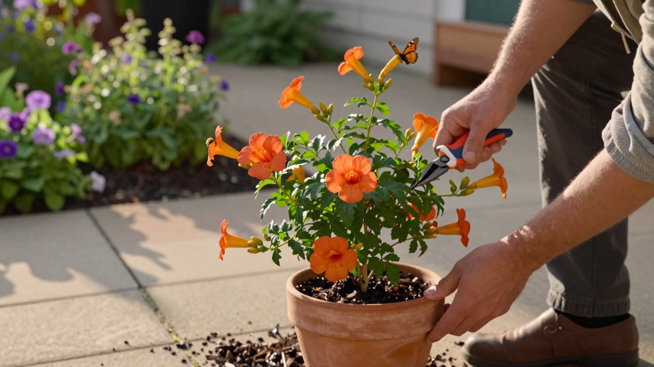 Person using pruning shears to trim an orange flowering plant in a terracotta pot on a garden patio.