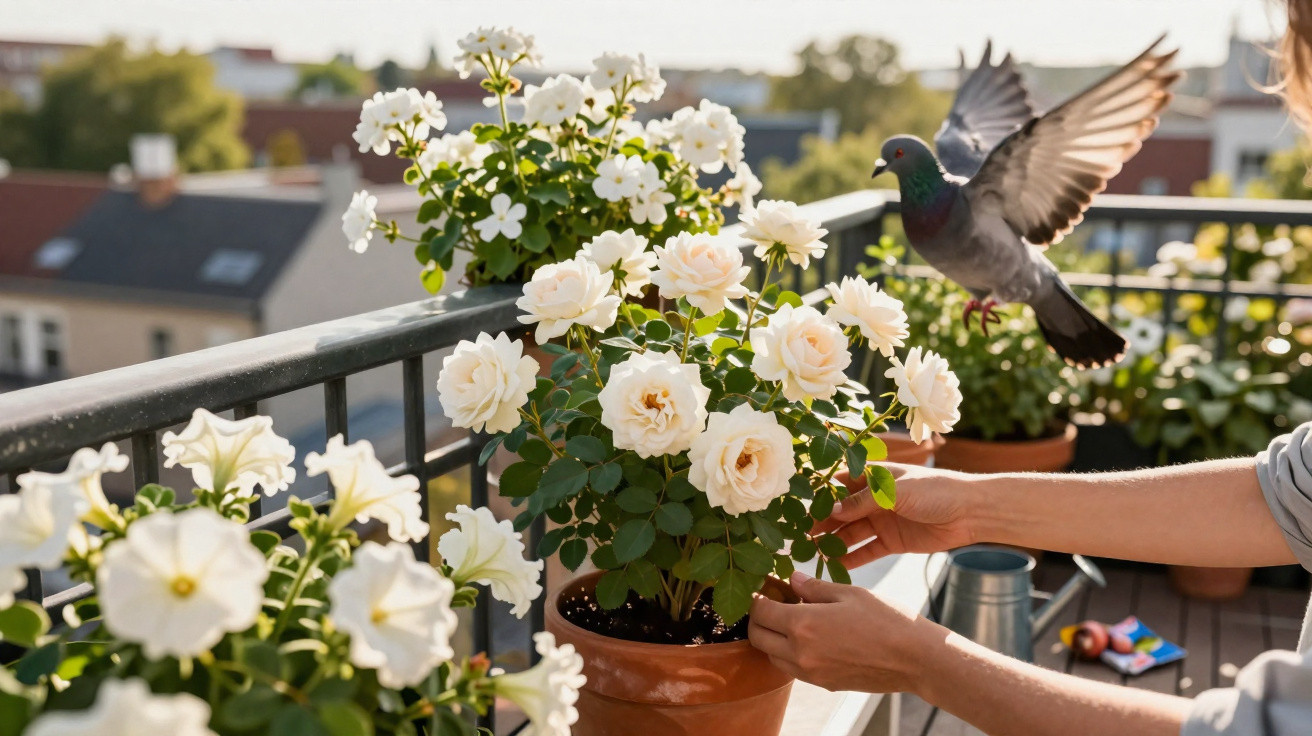 Person tending to white flowers on a balcony as a pigeon flies nearby in the daytime.