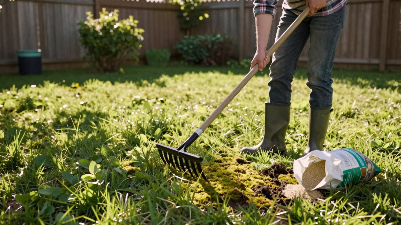Person wearing wellington boots using a rake in a grassy garden with a bag of lawn care granules nearby.