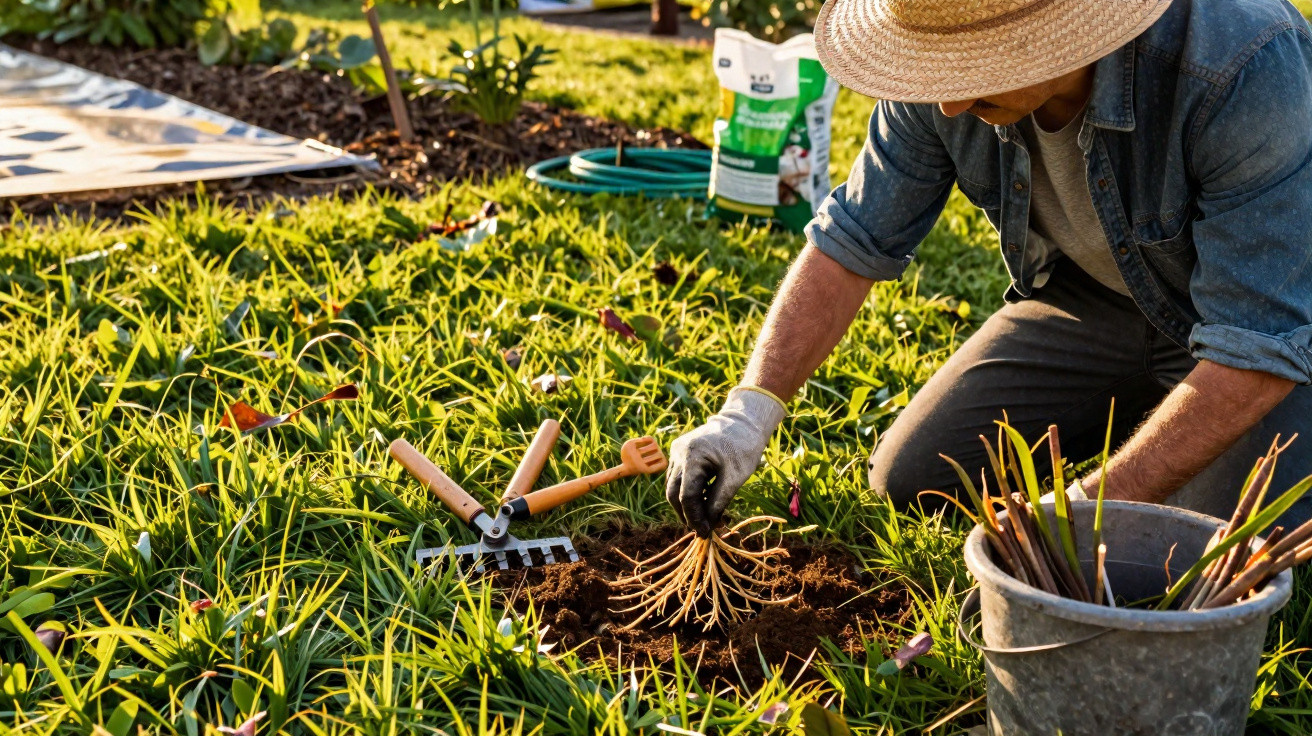 Person wearing a straw hat and gloves planting seedlings in a sunny garden with gardening tools nearby.