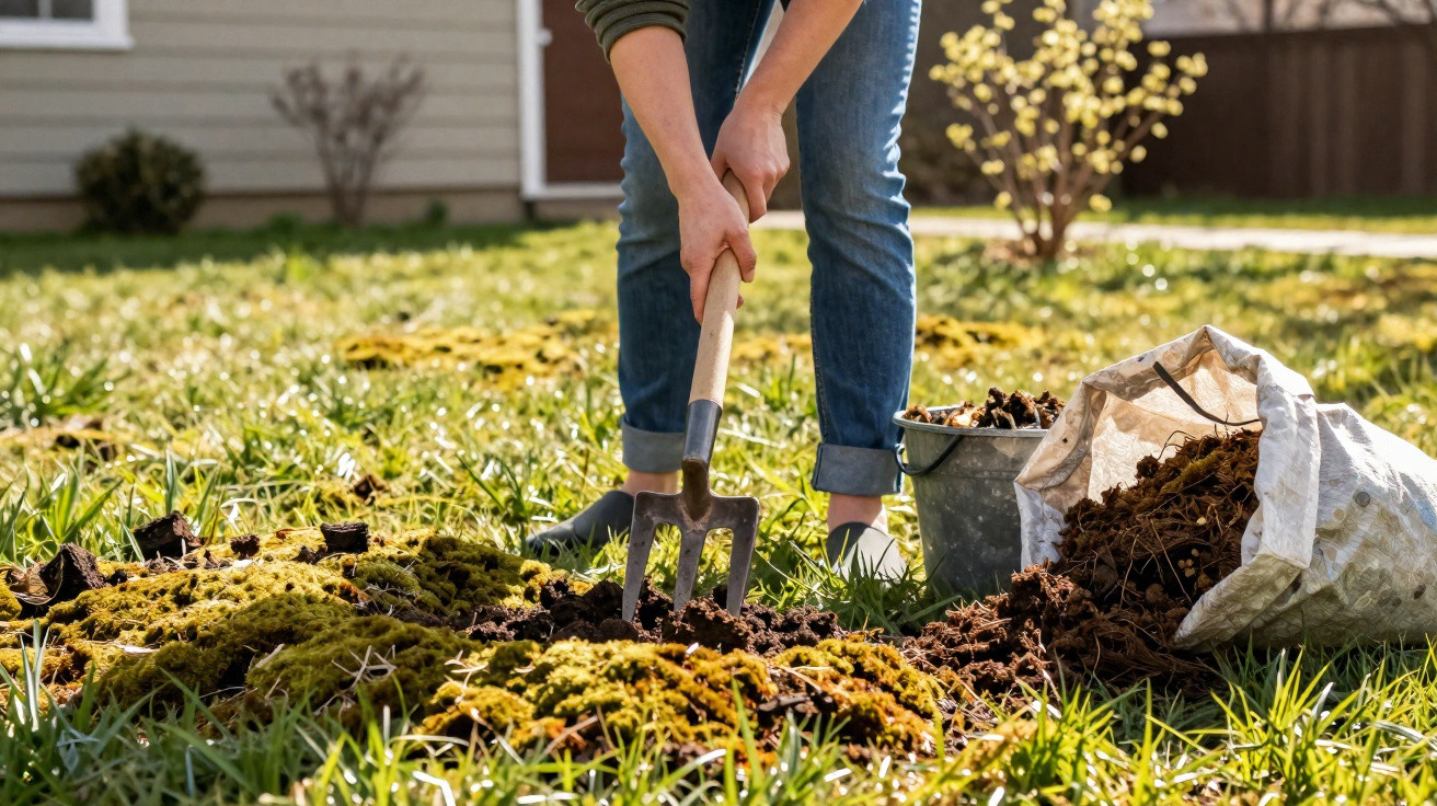 Person digging soil with a garden fork in a grassy yard next to a bag and bucket of moss and dirt.