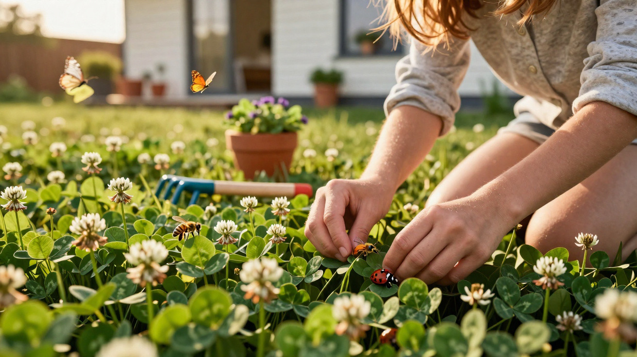 Child sitting in a garden with clover flowers, gently holding a ladybird and other insects nearby.