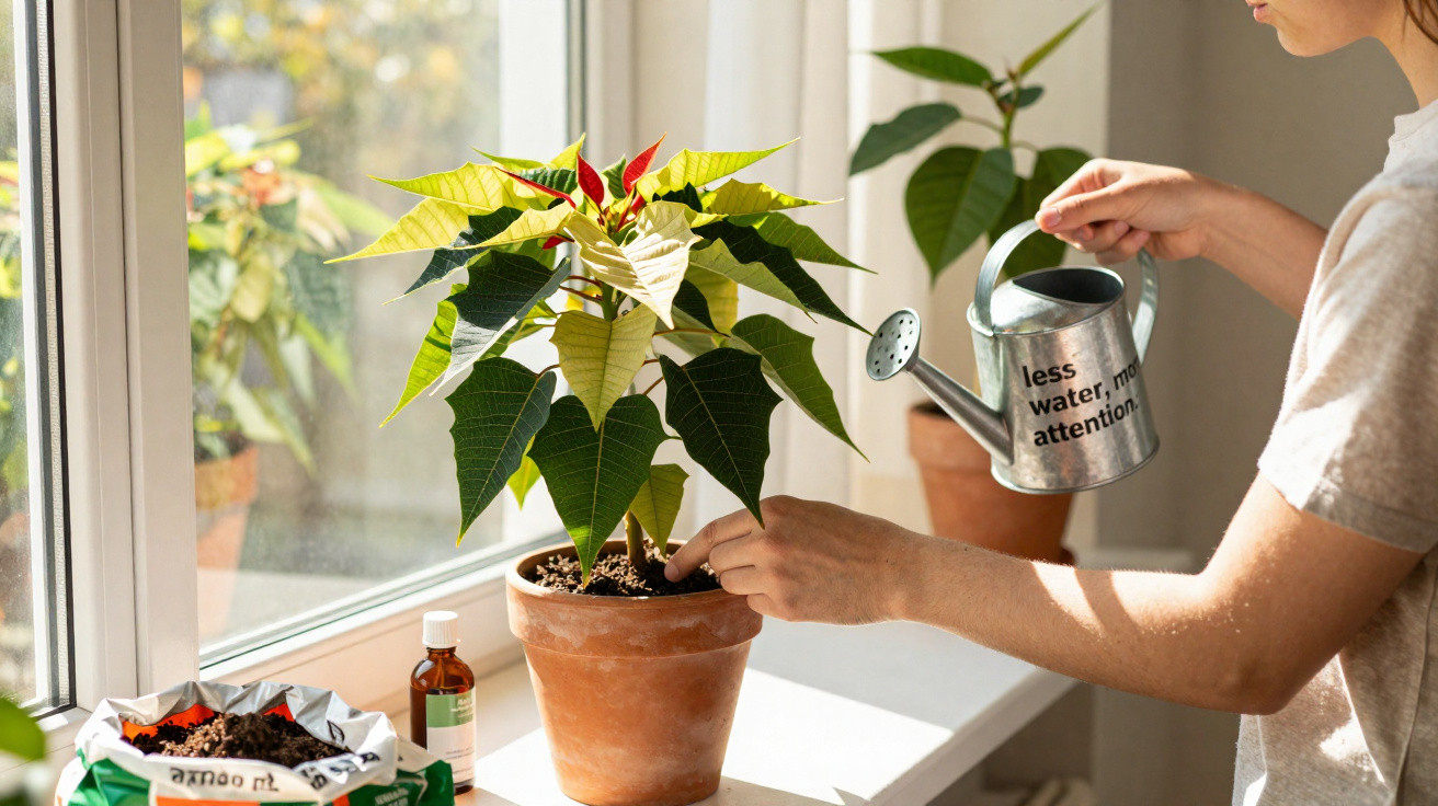 Person watering a potted poinsettia plant on a sunlit windowsill with a metal watering can.