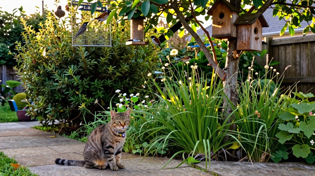 Tabby cat sitting on a garden path near birdhouses and green plants in a sunlit backyard.